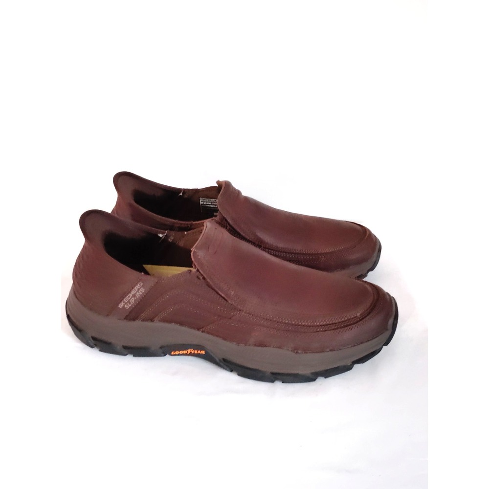 Skechers Men 11.5 Brown Leather Slip On Hands Free Vibram Sole Casual Comfy Shoe